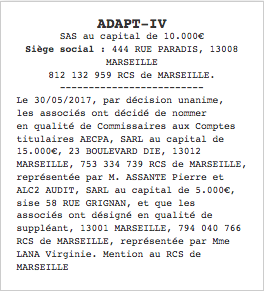 annonce legale changement commissaire aux comptes